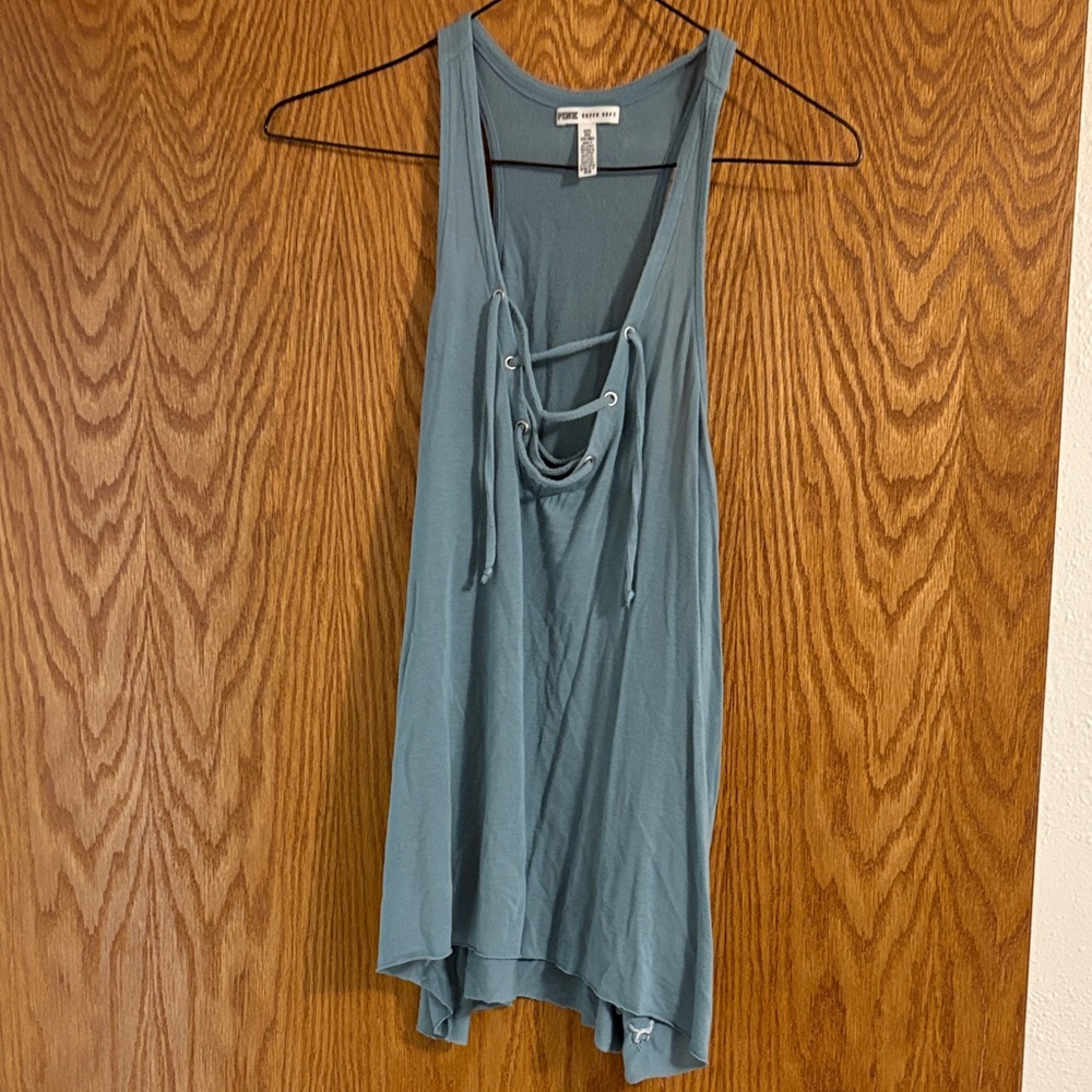 PINK Victoria's Secret Blue Tank Top with Lace-Up Detail